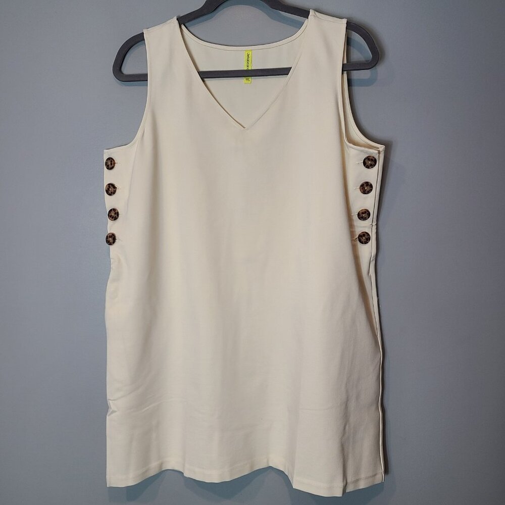 Betabrand Admiral Button Shift Dress Womens XXL Ivory Pockets Minimalist Stretch